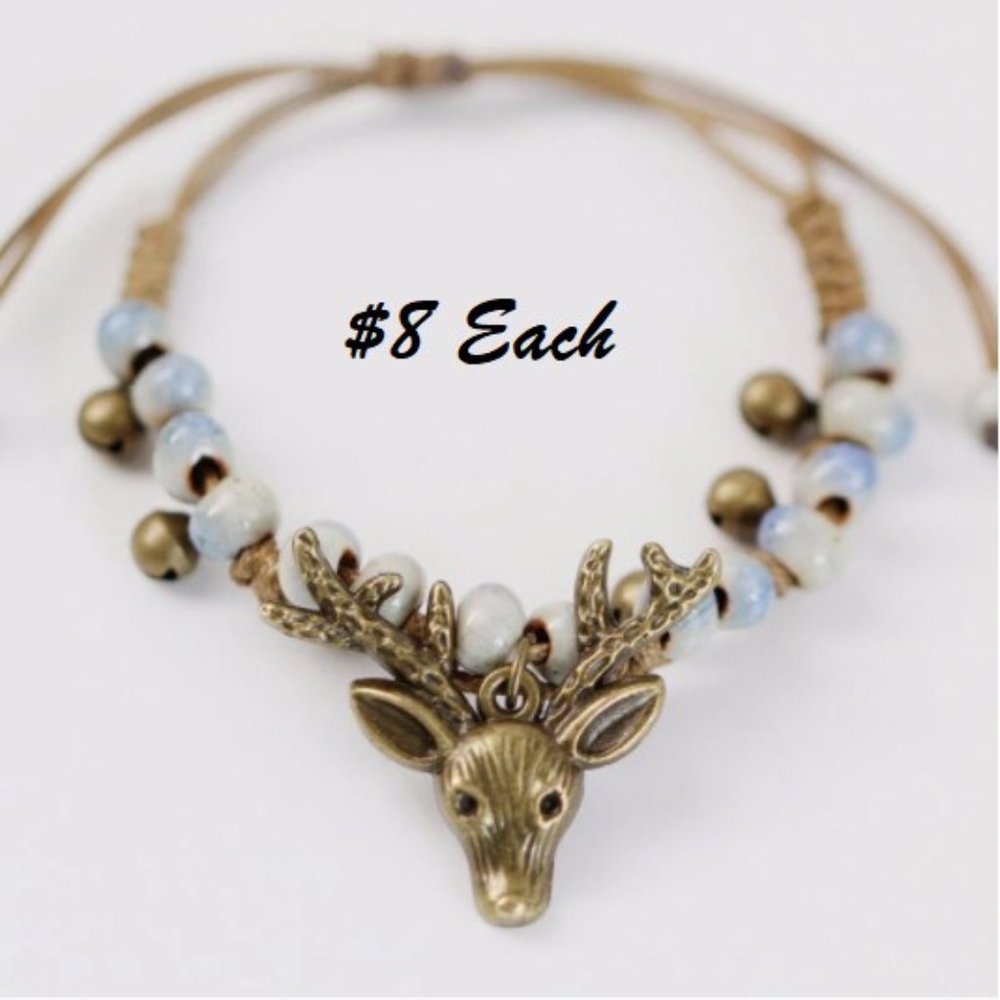 💰 2/$10 💰Vintage Deer Charm Small Bell Wax Rope Beaded Bracelet Handmade